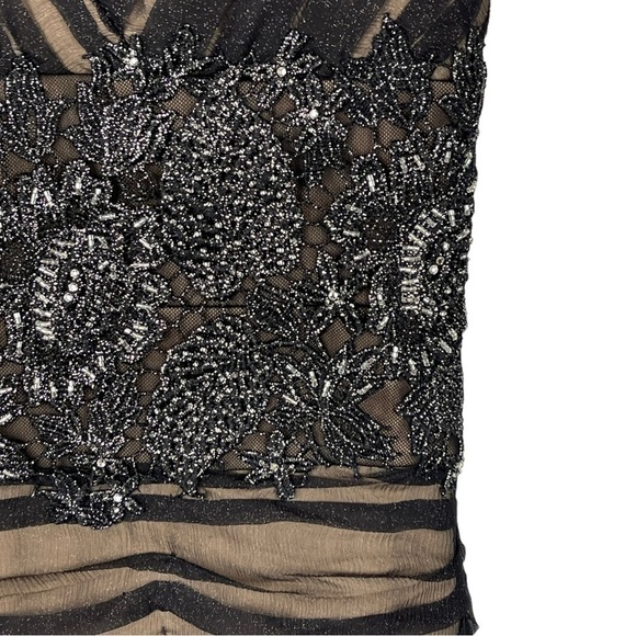 JOVANI V-NECK RUCHED FLORAL LACE BEADED BANDED WAIST ILLUSION SHEATH DRESS - Picture 14 of 16